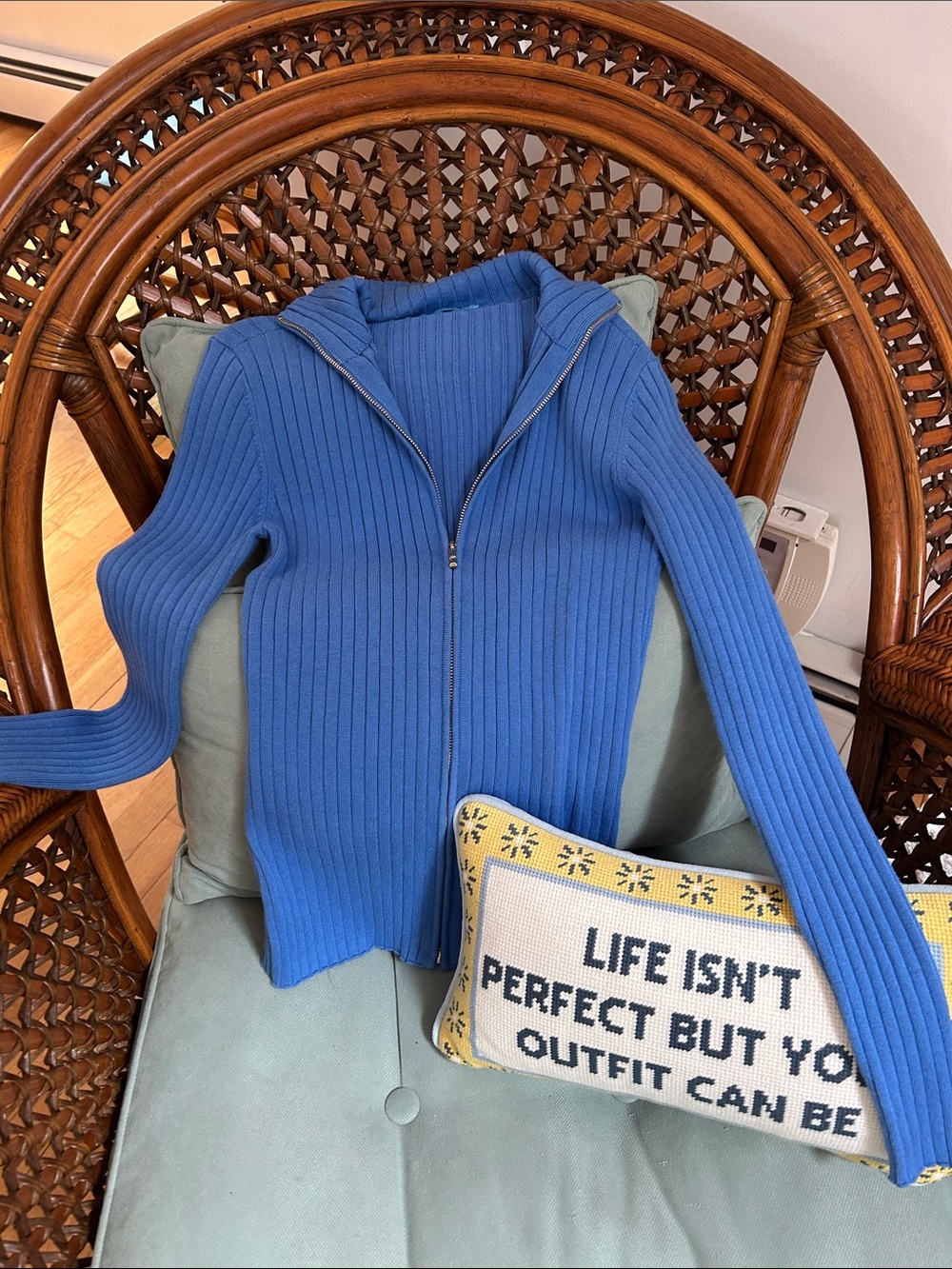 Blue Ribbed Zip-Front Women's Sweater Cardigan